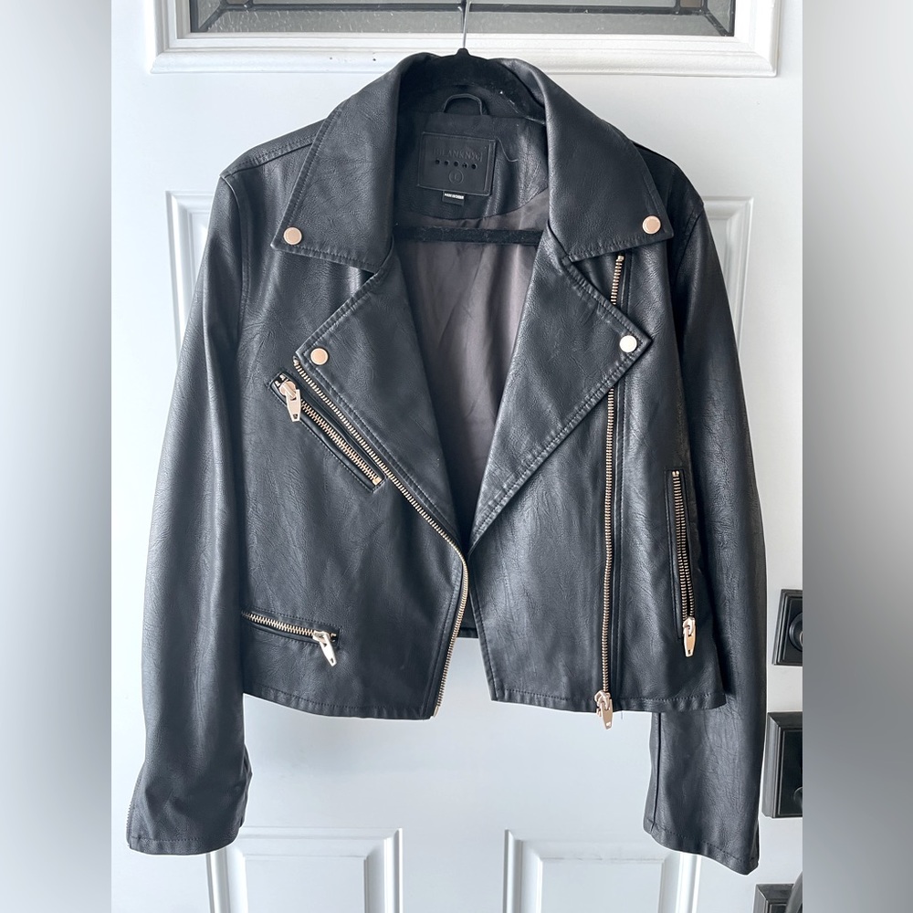 Blank NYC vegan leather black motorcycle jacket, size Large
